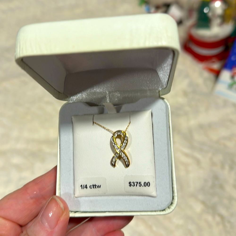Diamond cancer ribbon 14 k gold necklace